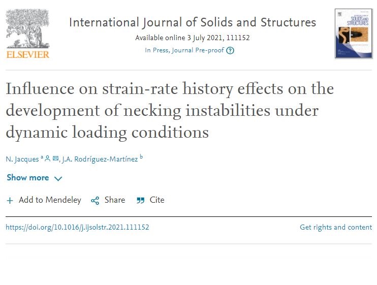 A new paper " Influence on strain-rate history effects on the development of necking instabilities under dynamic loading conditions" has been accepted for publication in International Journal of Solids and Structures.  